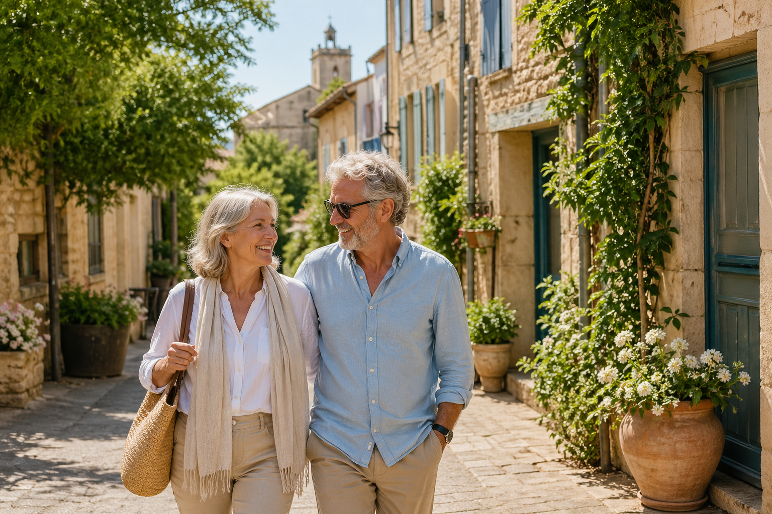 Week-end romantique sur le Canal du Midi à Béziers — couple de seniors se promenant dans un village du sud