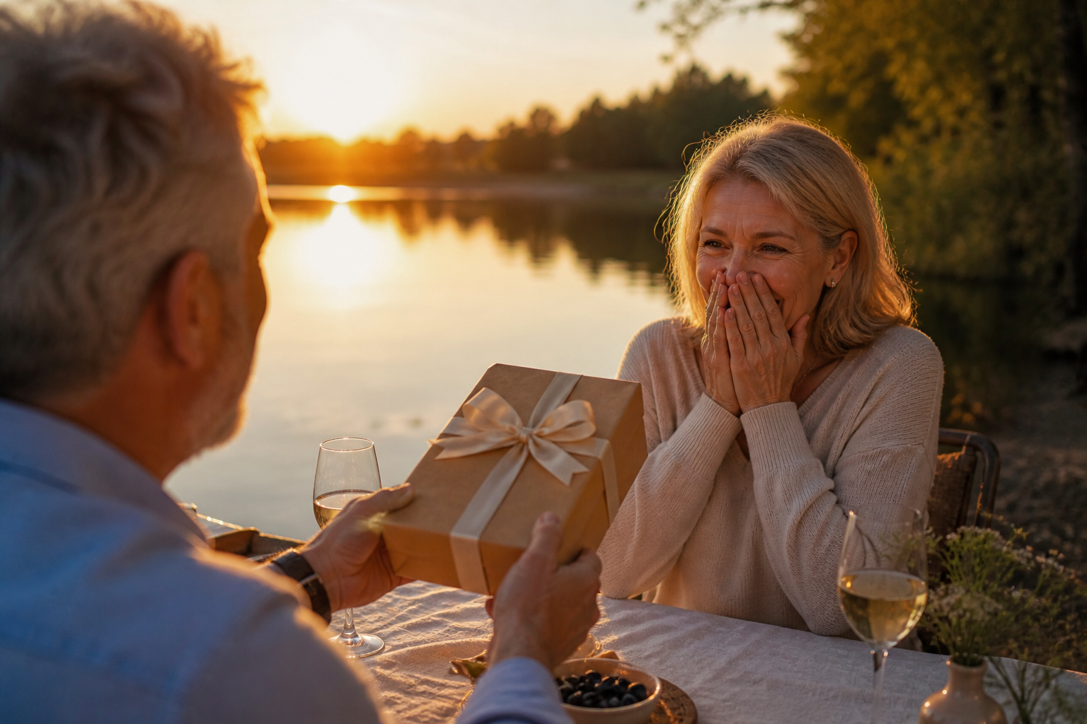 Offrir un séjour insolite en cadeau : couple de seniors profitant d’un moment romantique au coucher du soleil au bord de l’eau